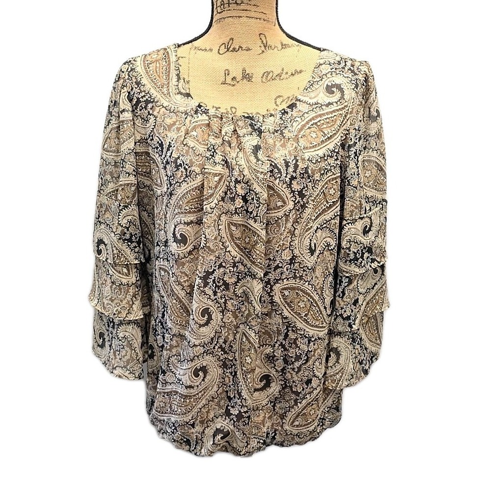 Dressbarn Blouse Womens Medium Tan Paisley Ruffle Sleeve Metallic Lined Top